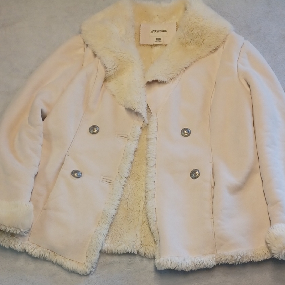 Cream Faux Fur Lined Jacket with Silver Buttons Size Medium